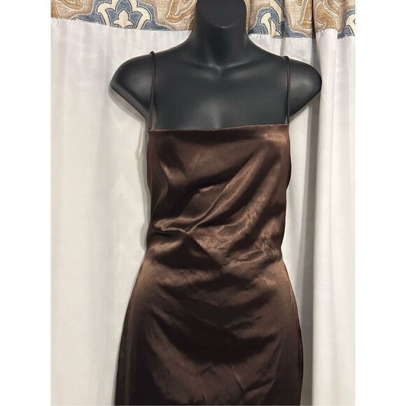 Beautiful Salty SIZE LARGE Satin brown Cinch Mini Dress  Cowl neck, adjustable c - Picture 2 of 6